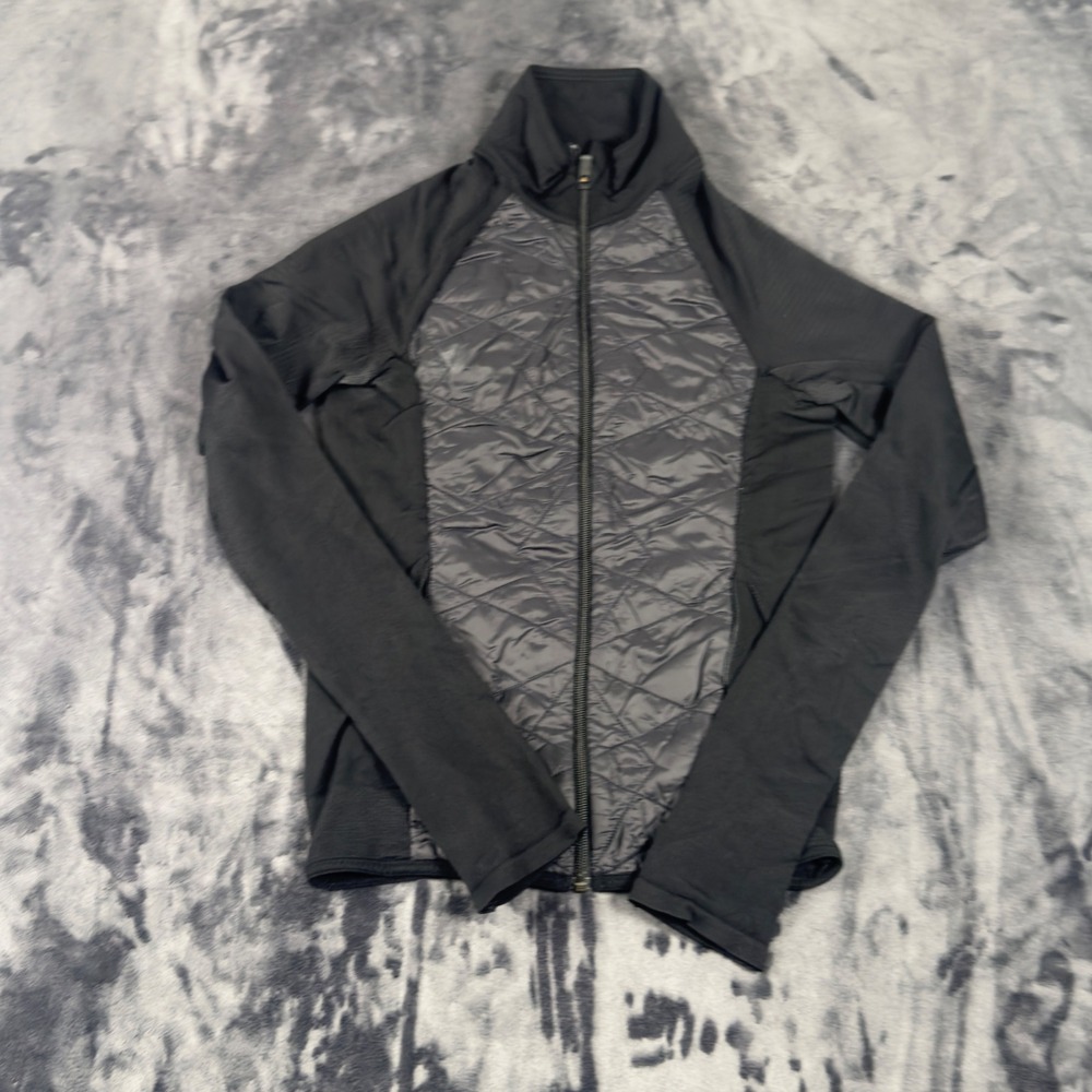 Athleta Hybrid Quilted Jacket Womens Small Black Full Zip Ribbed Knit 383707